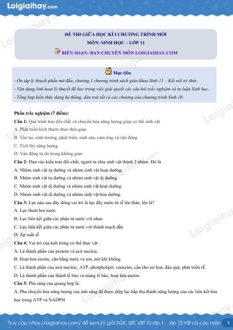 Đề thi giữa kì 1 Sinh 11 Kết nối tri thức - Đề số 1